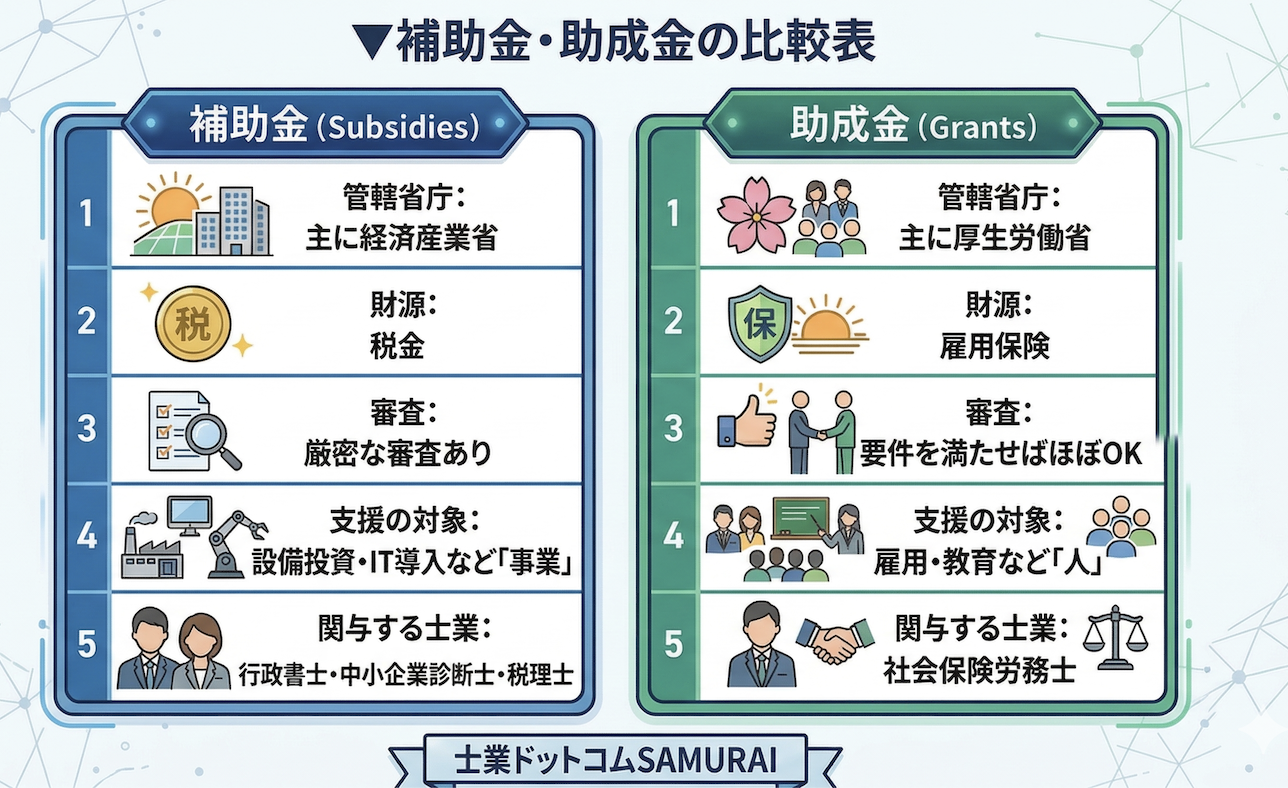 補助金と助成金の比較表